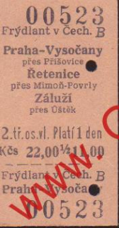 00523 Kartonová vlaková jízdenka, Frýdlant v Čechách, Praha Vysočany, 09.03.1986