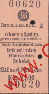 00620 Kartonová vlaková jízdenka, Ústí n. Labem, Obora u Kaznějova, 28.11.1986