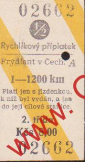 02662 Kartonová vlaková jízdenka, Rychlíkový příplatek 1-1200km, 24.09.1984