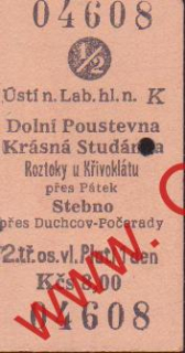 04608 Kartonová vlaková jízdenka, Ústí n. Labem, Dolní Poustevna, 13.12.1985