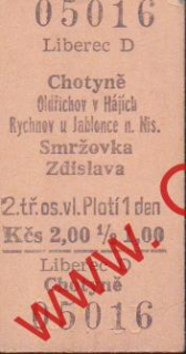 05016 Kartonová vlaková jízdenka, Liberec, Chotyně, 26.04.1986