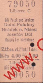 79050 Kartonová vlaková jízdenka, Liberec, Bílý Potok p. Smr. 19.01.1986