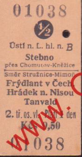 01038 Kartonová vlaková jízdenka, Ústí nad Labem, Stebno, 22.011.1984