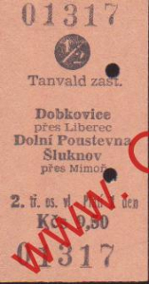 01317 Kartonová vlaková jízdenka, Tanvald, Dobkovice, 11.05.1986