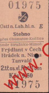 01975 Kartonová vlaková jízdenka, Ústí nad Labem, Stebno, 29.11.1985