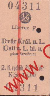 04311 Kartonové vlakové jízdenky, Liberec, Králův dvůr, 03.06.1985