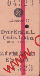 04323 Kartonové vlakové jízdenky, Liberec, Dvůr Králové nad Labem, 25.11.1987