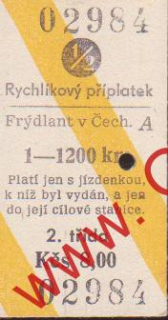 02984 Kartonové vlakové jízdenky, Rychlíkový příplatek, 03.12.1984