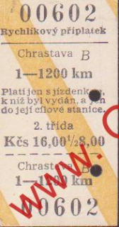 00602 Kartonové vlakové jízdenky, rychlíkový příplatek, 09.03.1986