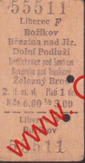 55511 Kartonové vlakové jízdenky, Božíkov, Březina nad Jizerou, 16.07.1985