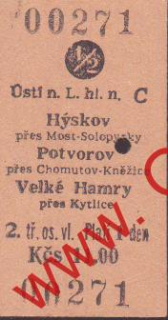 00271 Kartonové vlakové jízdenky, Hýskov, Potvorov, 08.03.1985