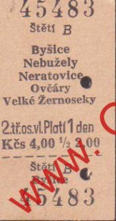 45483 Kartonové vlakové jízdenky, Byšice, Nebužely, 28.07.1986