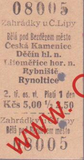 08005 Kartonová vlaková jízdenka, Bělá pod Bezdězem, Česká kamenice, ??.07.1986