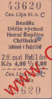 43620 Kartonová vlaková jízdenka, Bezděz, Chřibská, 25.07.1986