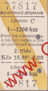77817 Kartonová vlaková jízdenka, rychlíkový příplatek, 26.06.1985